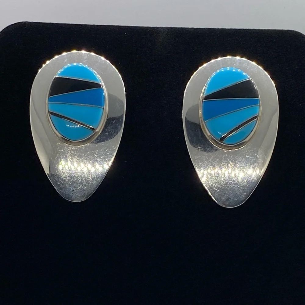 Sterling Silver Block Multi Stone Inlay Post Earrings SIGNED turquoise Navajo - Picture 12 of 16